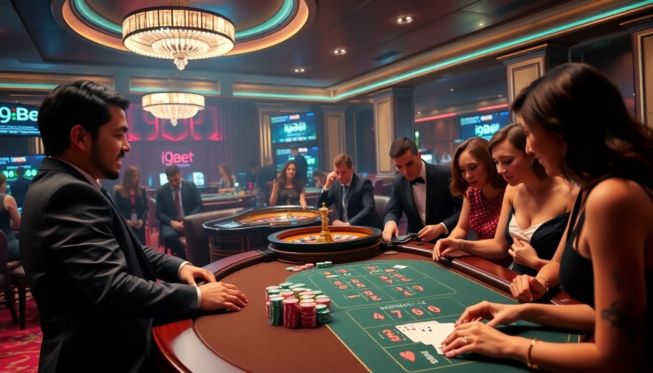 Experience thrilling gameplay at i9bet's glamorous casino table with vibrant chips and an active roulette wheel.