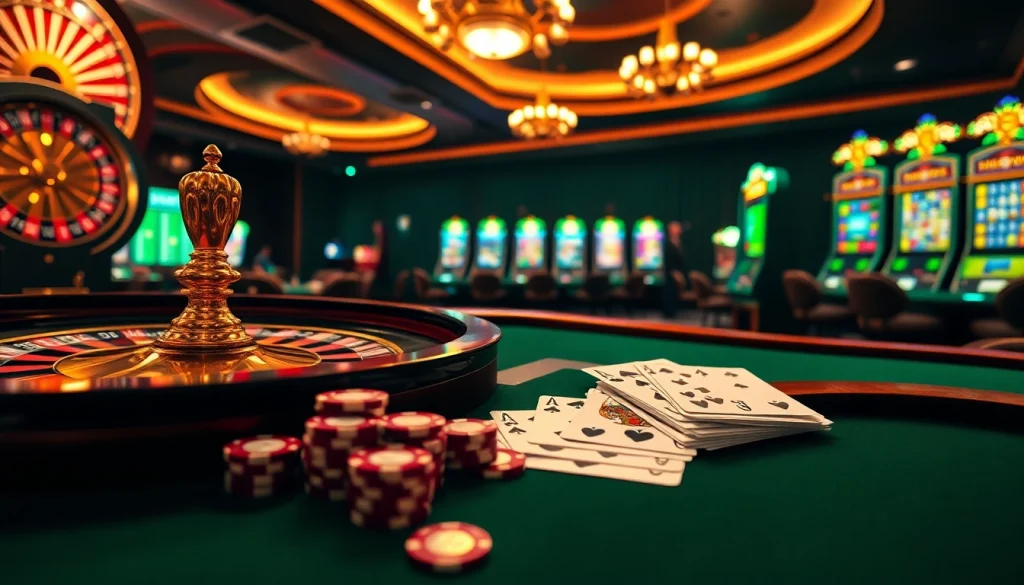 Experience the thrill of gambling with link 789bet showcasing exciting casino tables, glamorous poker chips, and spinning slot machines.
