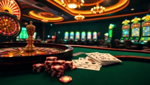 Experience the thrill of gambling with link 789bet showcasing exciting casino tables, glamorous poker chips, and spinning slot machines.
