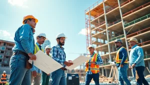 Engage with the southern california contractors association through teamwork on a vibrant construction site.