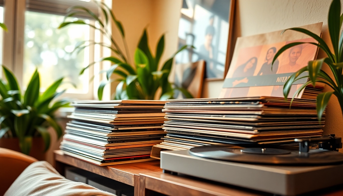 Showcasing vinyl records with vibrant covers displayed elegantly on a vintage shelf.
