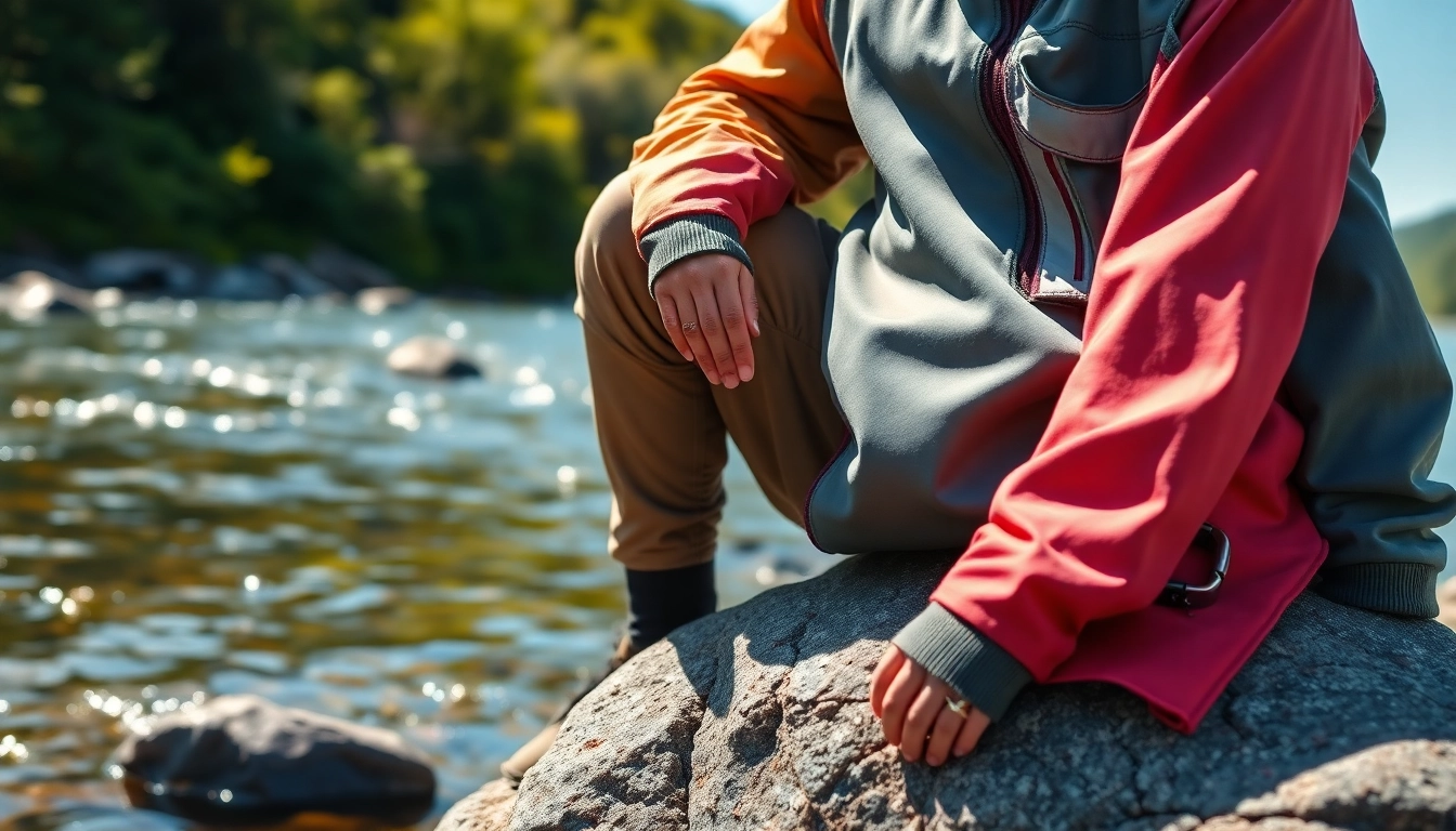 Showcasing stylish and functional Fly fishing apparel in a serene natural setting.
