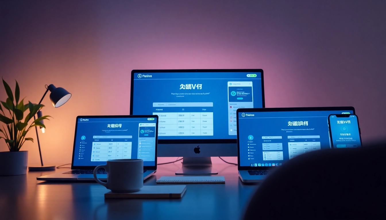 快连官网 showcasing VPN interface on multiple devices in a modern workspace