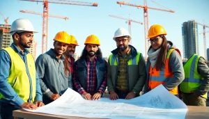 Engaged teams in construction advocacy carolinas collaborating at a job site with blueprints.