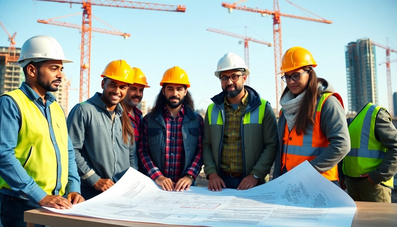 Engaged teams in construction advocacy carolinas collaborating at a job site with blueprints.