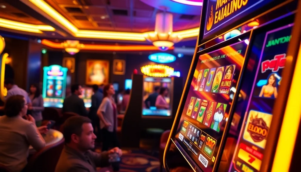 Mesin slot matador168 slot yang cerah dan berwarna di lingkungan kasino yang ramai.