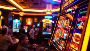 Mesin slot matador168 slot yang cerah dan berwarna di lingkungan kasino yang ramai.