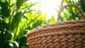 Jute mand met intricaten in een groene, natuurlijke omgeving.