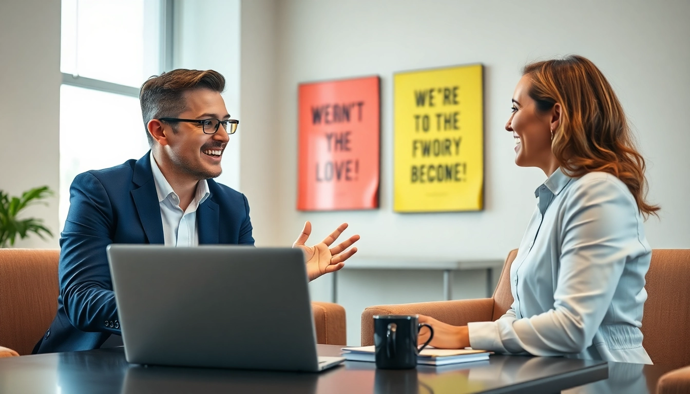Clients exploring business coaching service with an attentive coach in a vibrant office.
