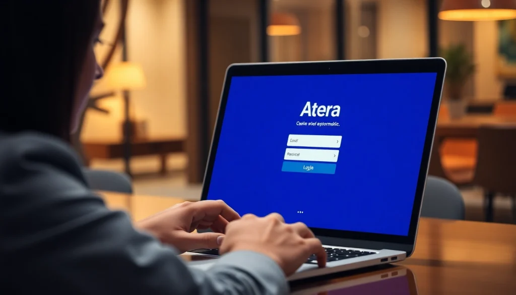 Atera login page displayed on a laptop, showcasing secure access in a modern office.