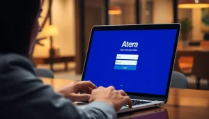 Atera login page displayed on a laptop, showcasing secure access in a modern office.