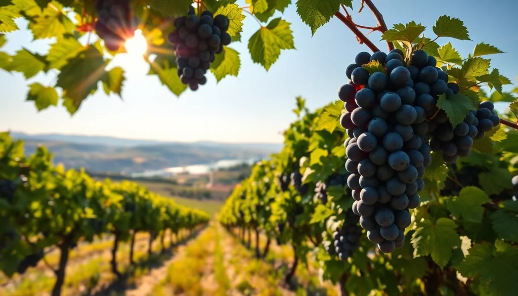 Visit wineries in Clarksburg with scenic vineyards and ripe grapes in a beautiful landscape.