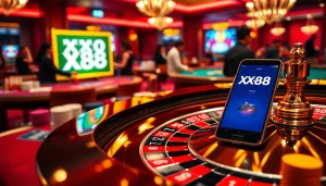 Gambling excitement at XX88 casino with roulette table and vibrant chips.