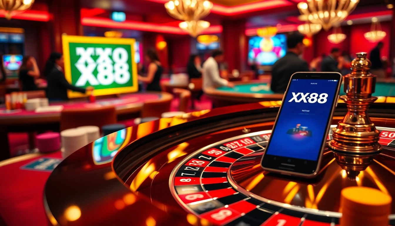 Gambling excitement at XX88 casino with roulette table and vibrant chips.