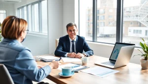 Superfund accountant consulting clients in a modern office, showcasing financial expertise and professionalism.