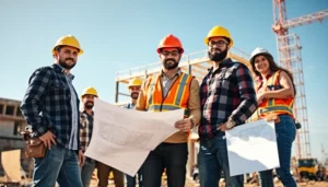 Austin construction team collaborating at a vibrant job site, showcasing teamwork.