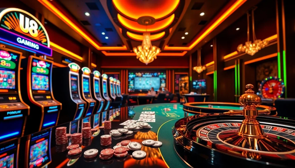 W88 online casino scene showcasing vibrant slot machines and poker chips for an exciting gambling experience.