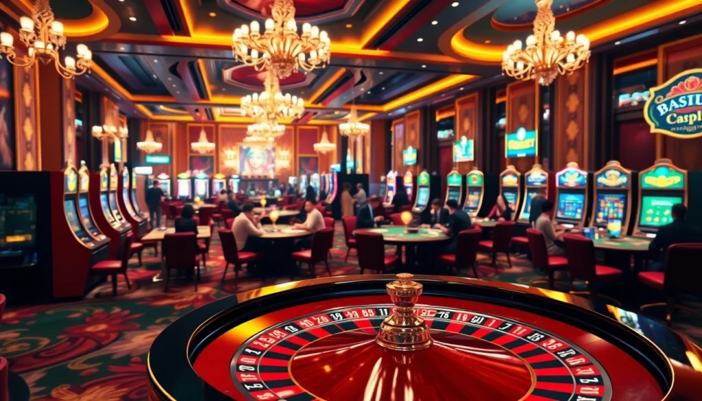 Engaging players at Nhà cái F8BET enjoying a luxury casino experience with vibrant tables and slot machines.