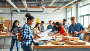 Engaged students participating in construction education colorado training with tools and blueprints.