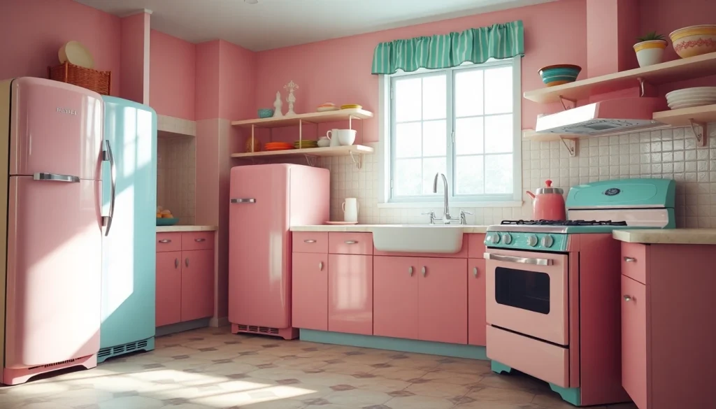 Showcase retro appliances in a vibrant, nostalgic kitchen setting.