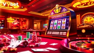 Experience the thrilling atmosphere of V9bet online gambling with vibrant tables and slot machines.
