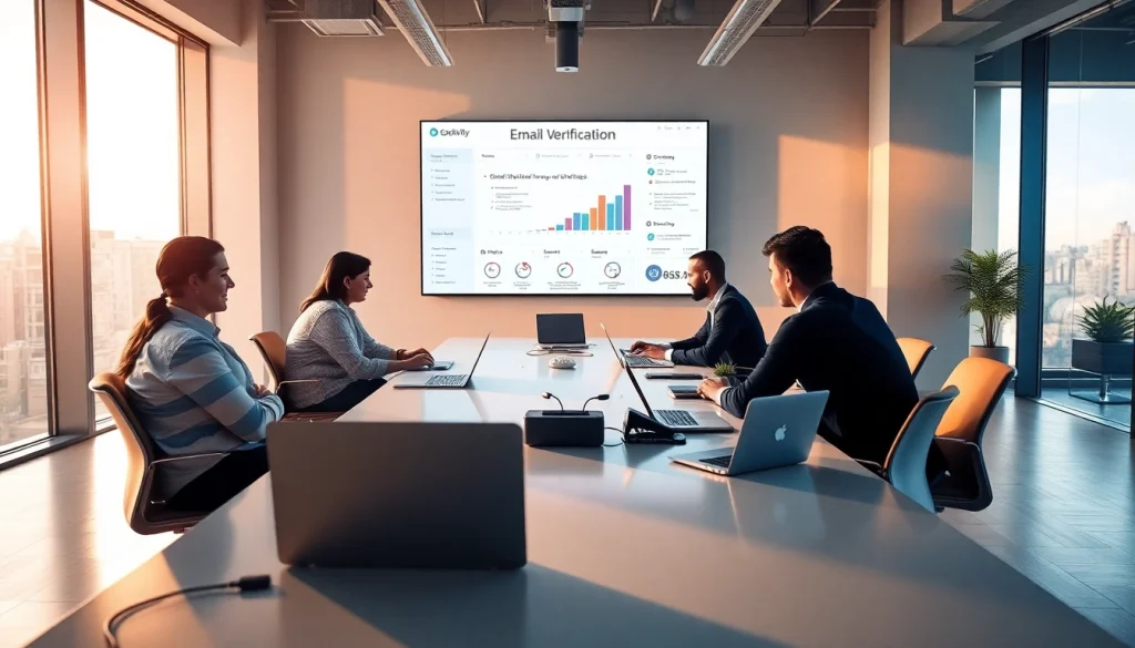 Email verification strategies discussed by a professional team in a modern office setting.