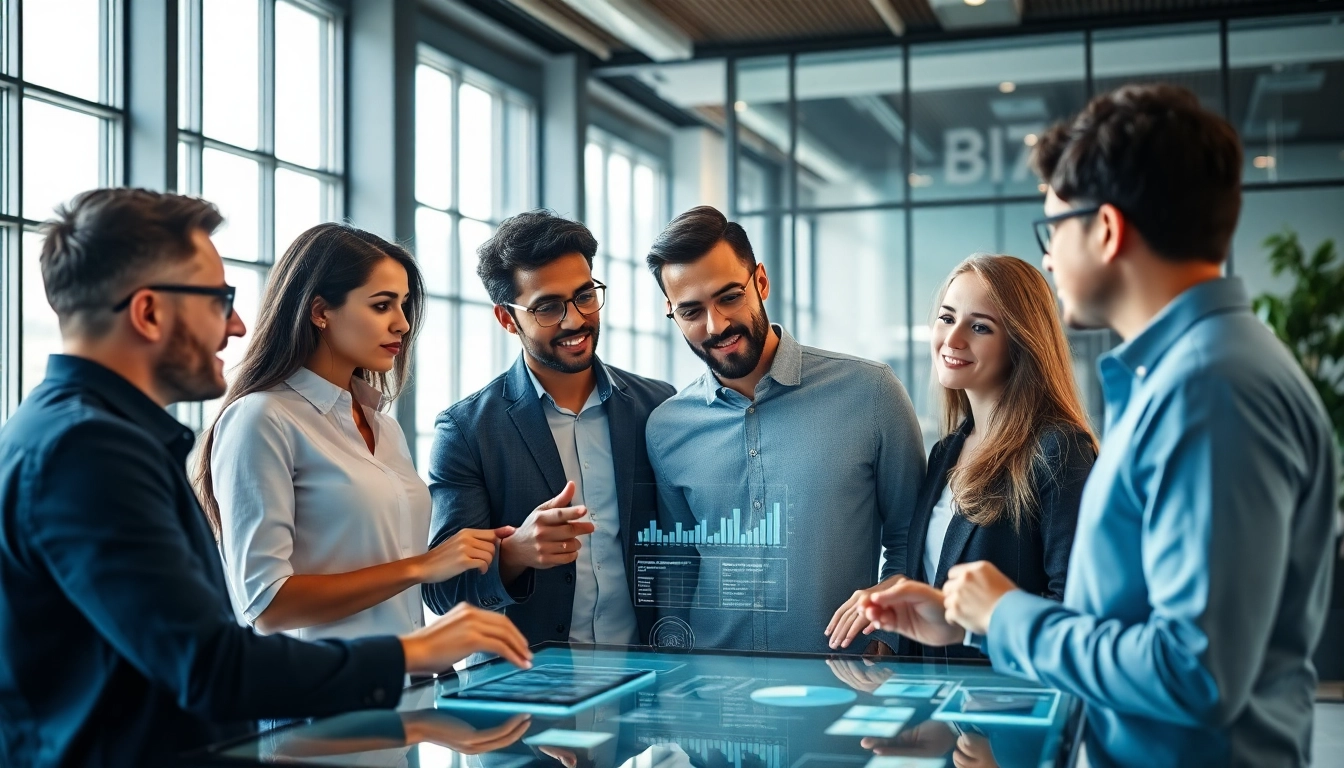 Engaged team collaborating on competitive intelligence strategies in a bright office.