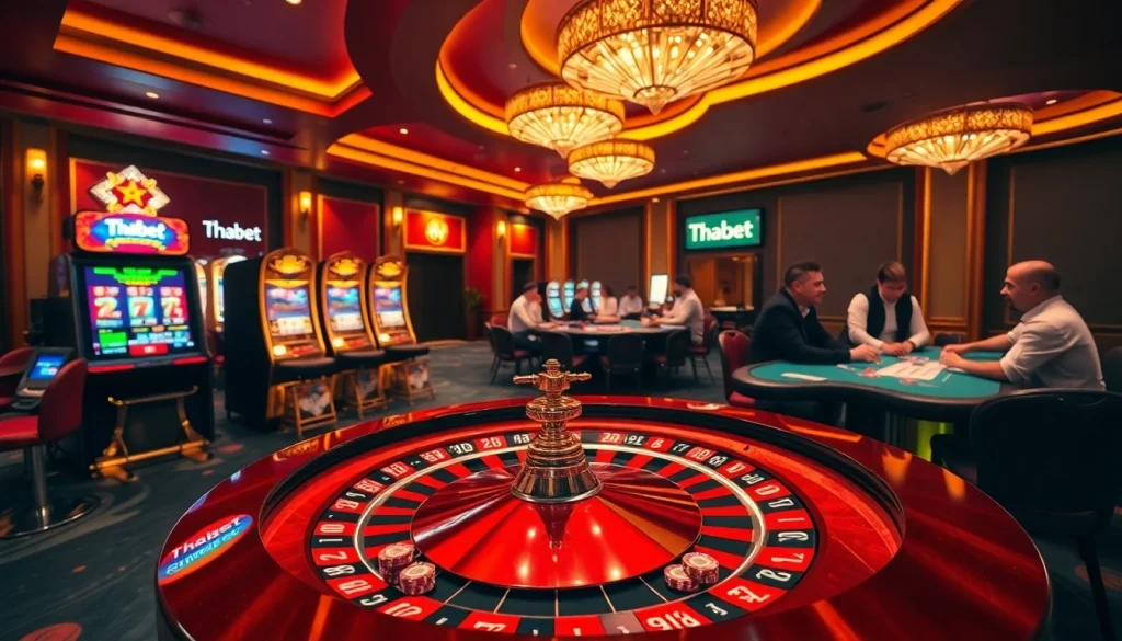 Engaged players enjoying a thrilling casino experience at Thabet, featuring a roulette table and vibrant slot machines.