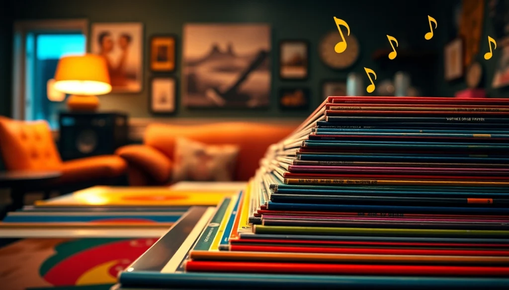 Browse vinyl records featuring colorful album covers stacked in a cozy retro setting.