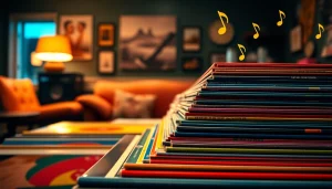 Browse vinyl records featuring colorful album covers stacked in a cozy retro setting.