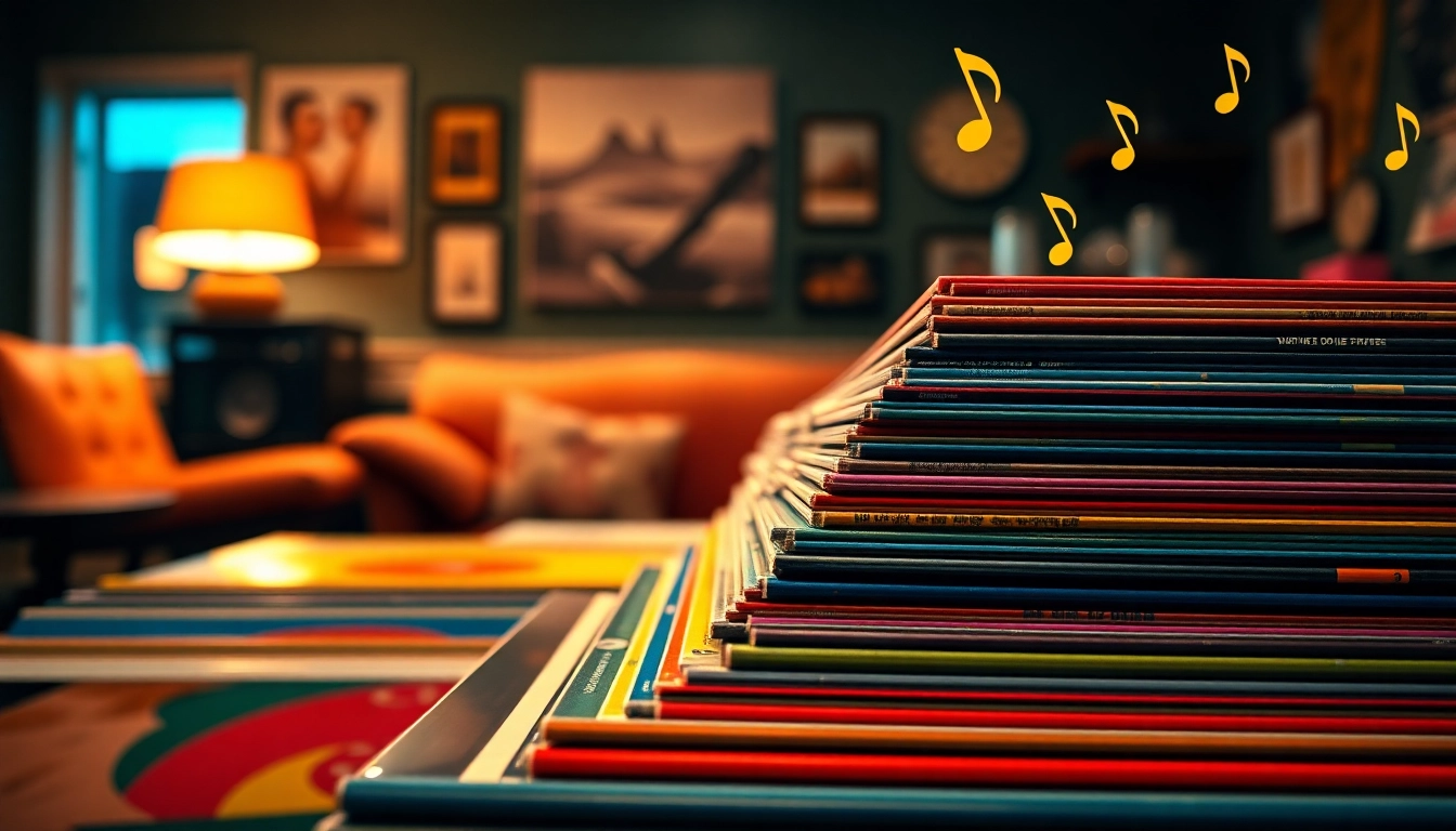 Browse vinyl records featuring colorful album covers stacked in a cozy retro setting.