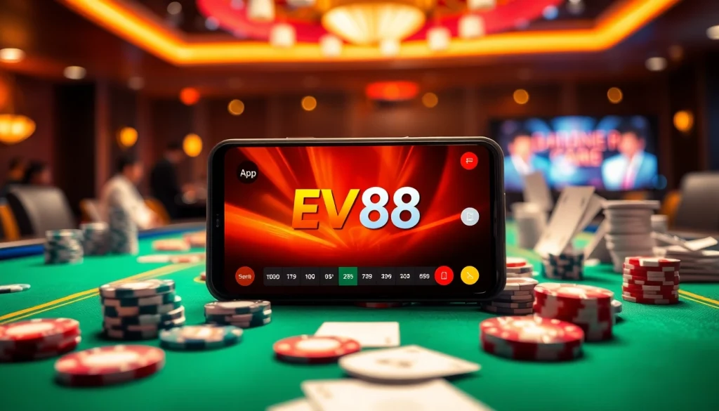 Experience the excitement of gambling with the App EV88 on a smartphone in a luxurious casino setting.