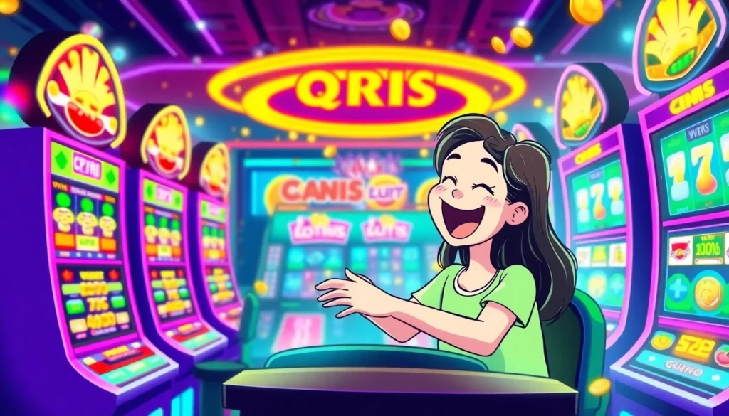 Menggambarkan slot deposit 1000 qris dengan karakter yang senang bermain slot online dan menggunakan QRIS.
