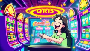 Menggambarkan slot deposit 1000 qris dengan karakter yang senang bermain slot online dan menggunakan QRIS.