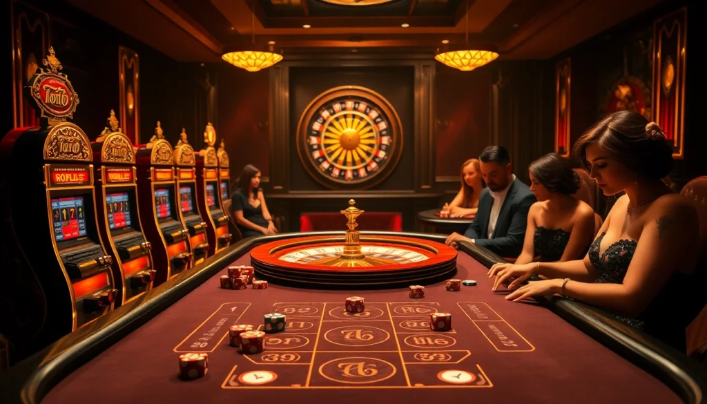 Action-packed scene of gamblers at a luxurious casino engaging with toto slot machines and a roulette wheel.
