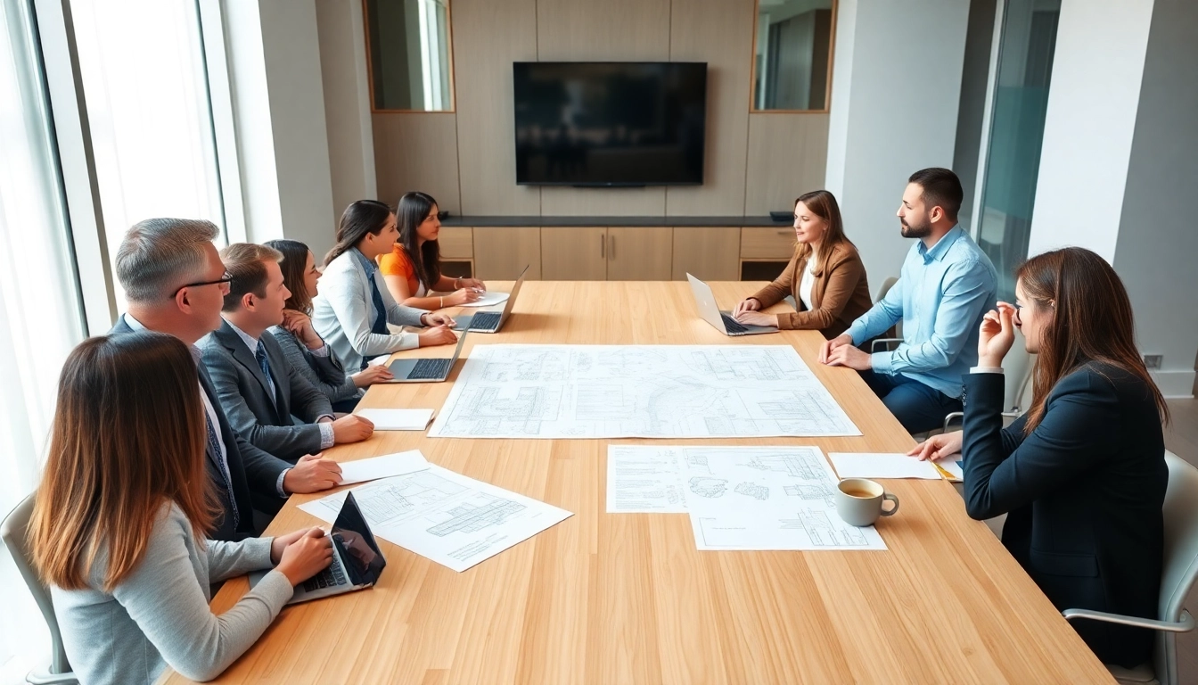 Engaging meeting of Texas association of builders with builders discussing blueprints in a modern setting.