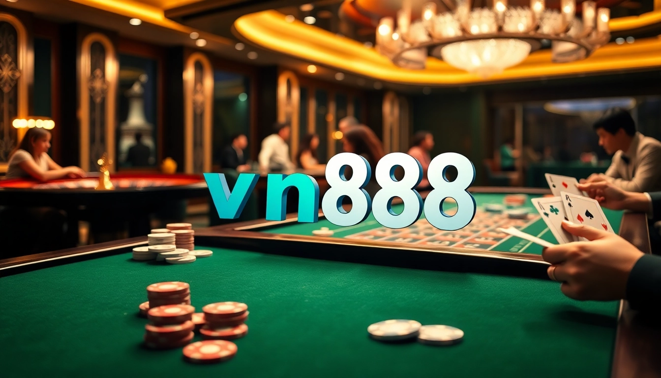 Players enjoying a thrilling game at vn88 casino with poker chips and cards.