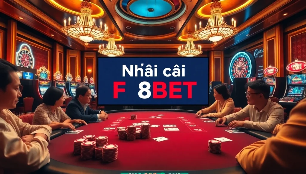 Experience the thrill at Nhà cái F8BET with vibrant casino visuals featuring poker, roulette, and slot games.