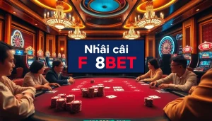 Experience the thrill at Nhà cái F8BET with vibrant casino visuals featuring poker, roulette, and slot games.