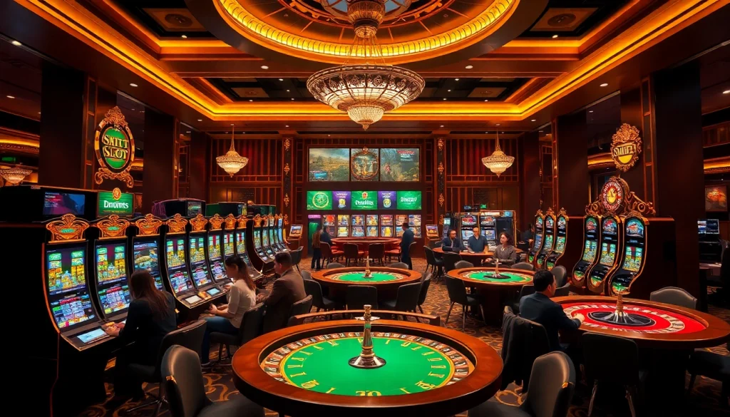 Experience the thrill at a Situs Slot Terpercaya casino, showcasing vibrant tables and players celebrating wins.