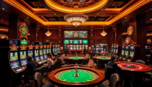 Experience the thrill at a Situs Slot Terpercaya casino, showcasing vibrant tables and players celebrating wins.