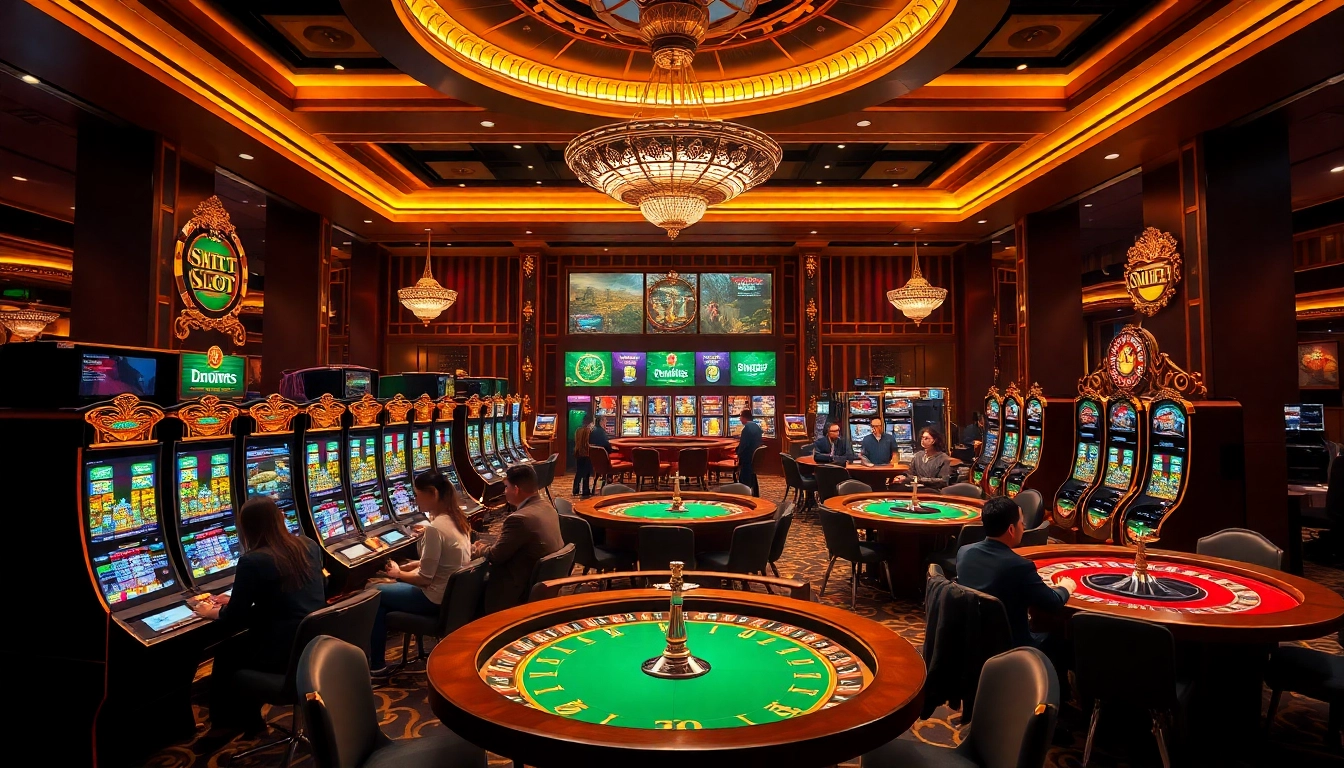 Experience the thrill at a Situs Slot Terpercaya casino, showcasing vibrant tables and players celebrating wins.