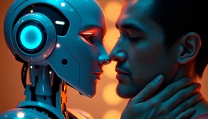 AI sex relationship exploration with a humanoid robot and human partner in a warm, emotional setting.