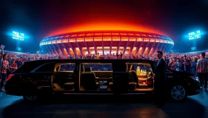 World Cup Group Transportation service featuring a luxurious limousine at a FIFA World Cup stadium with stylish interiors and vibrant city lights.