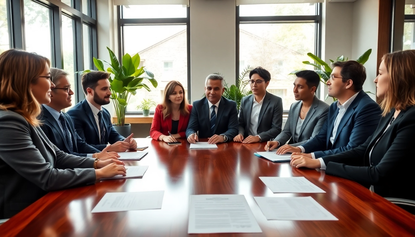 Engaged team at an environmental law firm discussing sustainable legal strategies in a bright office.