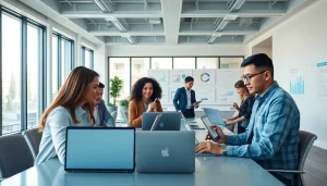 Dynamic office scene showcasing professionals using WPS下载 software for collaboration and productivity.