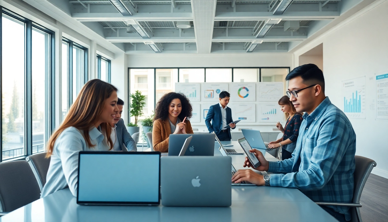 Dynamic office scene showcasing professionals using WPS下载 software for collaboration and productivity.