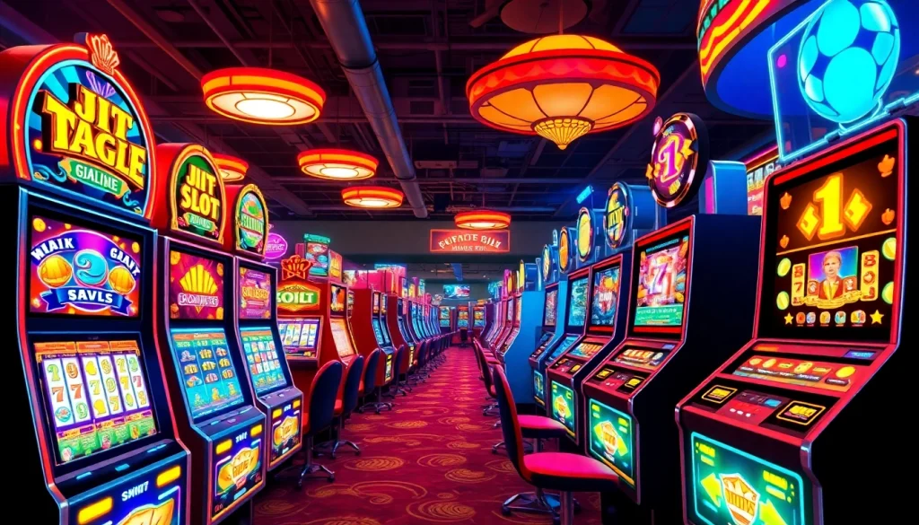 Exciting online slot hoki machines illuminated in a vibrant casino atmosphere.