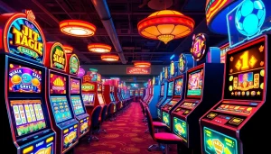 Exciting online slot hoki machines illuminated in a vibrant casino atmosphere.