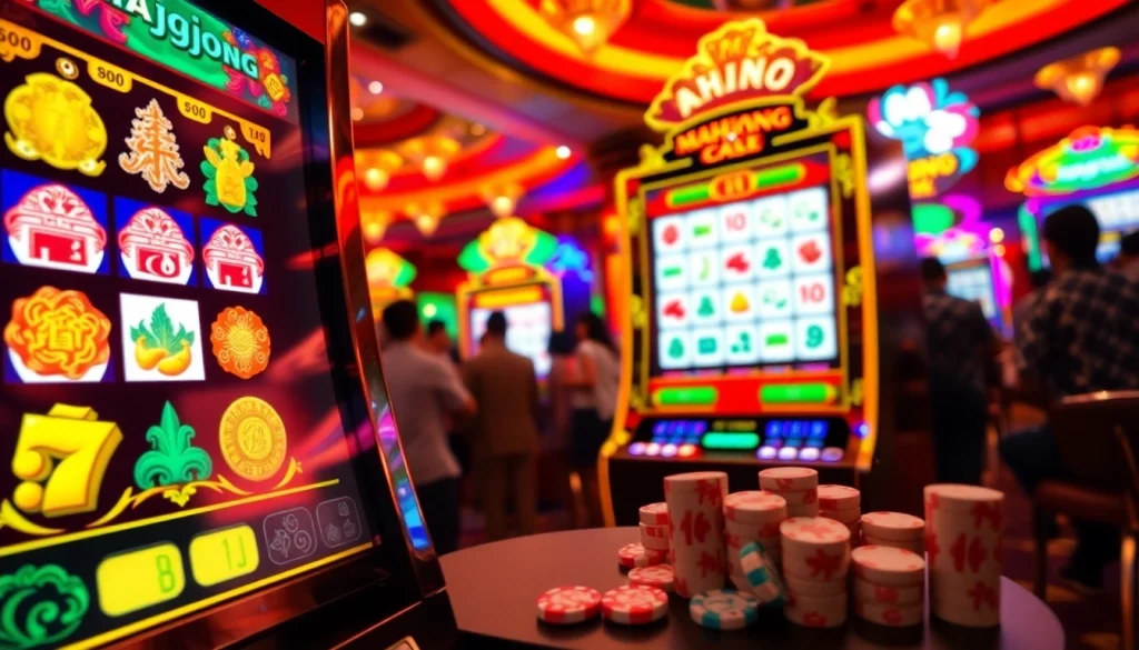 Mesin slot mahjong yang berwarna-warni menampilkan kombinasi kemenangan yang menarik di kasino.